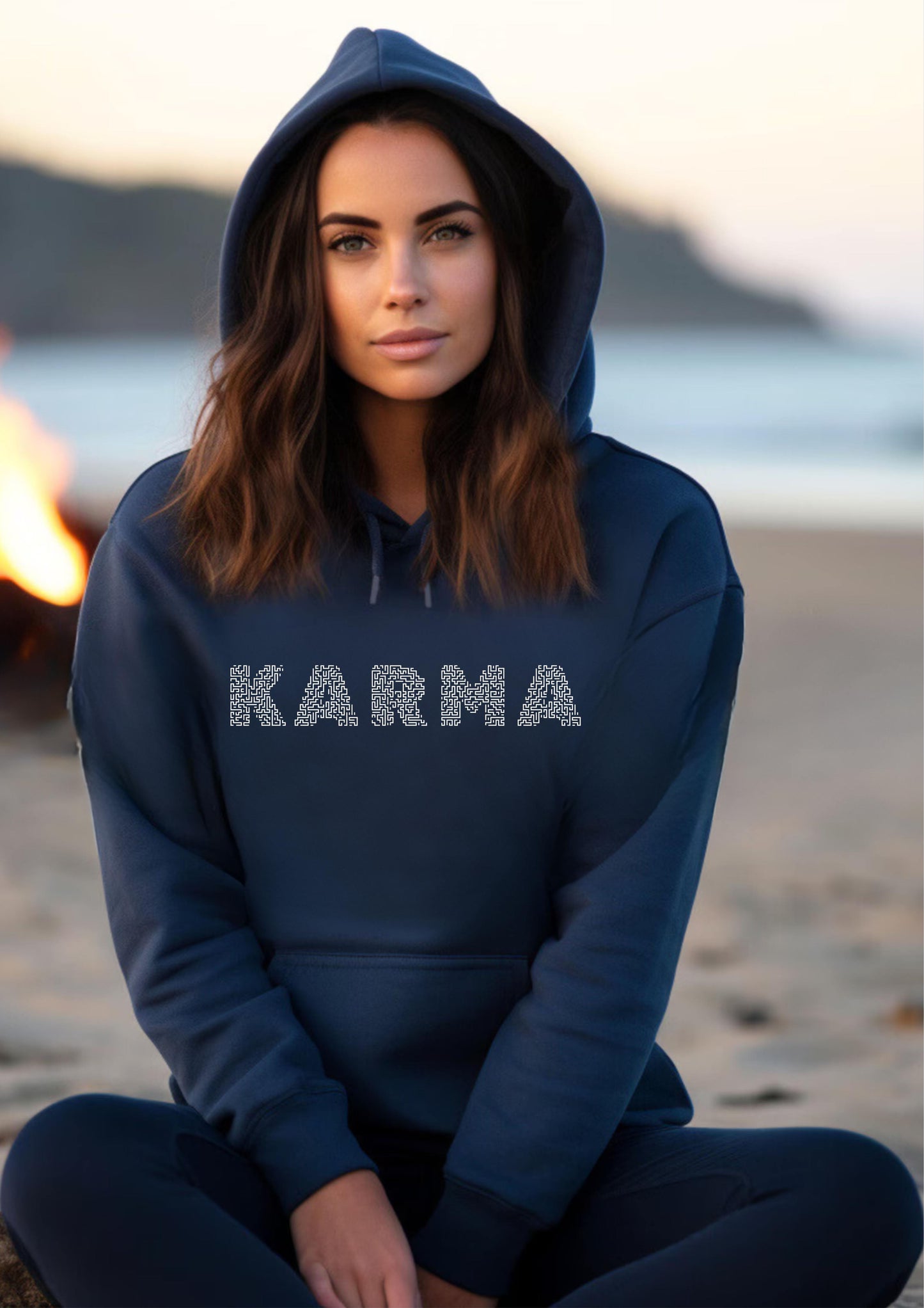 FYRA 'Karma' Navy hoodie. Stylish and thought-provoking, perfect for those who believe in the power of karma