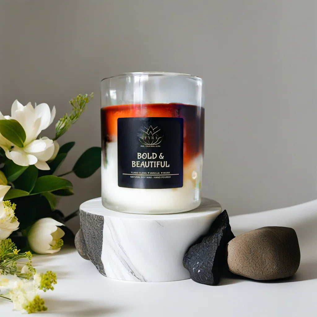 FYRA 'Bold & Beautiful' Soy Candles. Elegant and aromatic, perfect for creating a serene ambiance with a touch of bold beauty.