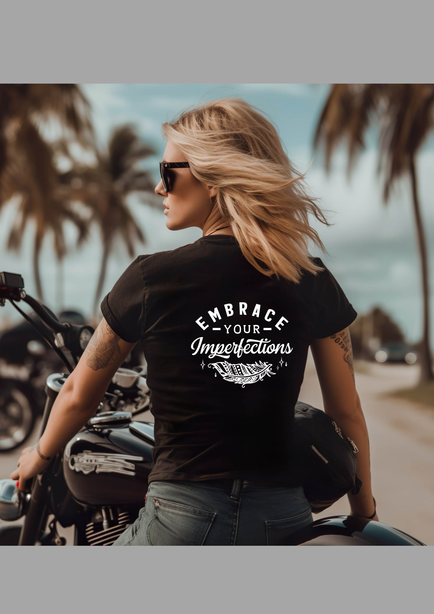 FYRA 'Embrace Your Imperfections' Women's Back black T-Shirt. Empowering and thoughtful, perfect for promoting self-acceptance with an inspiring message on a stylish black tee