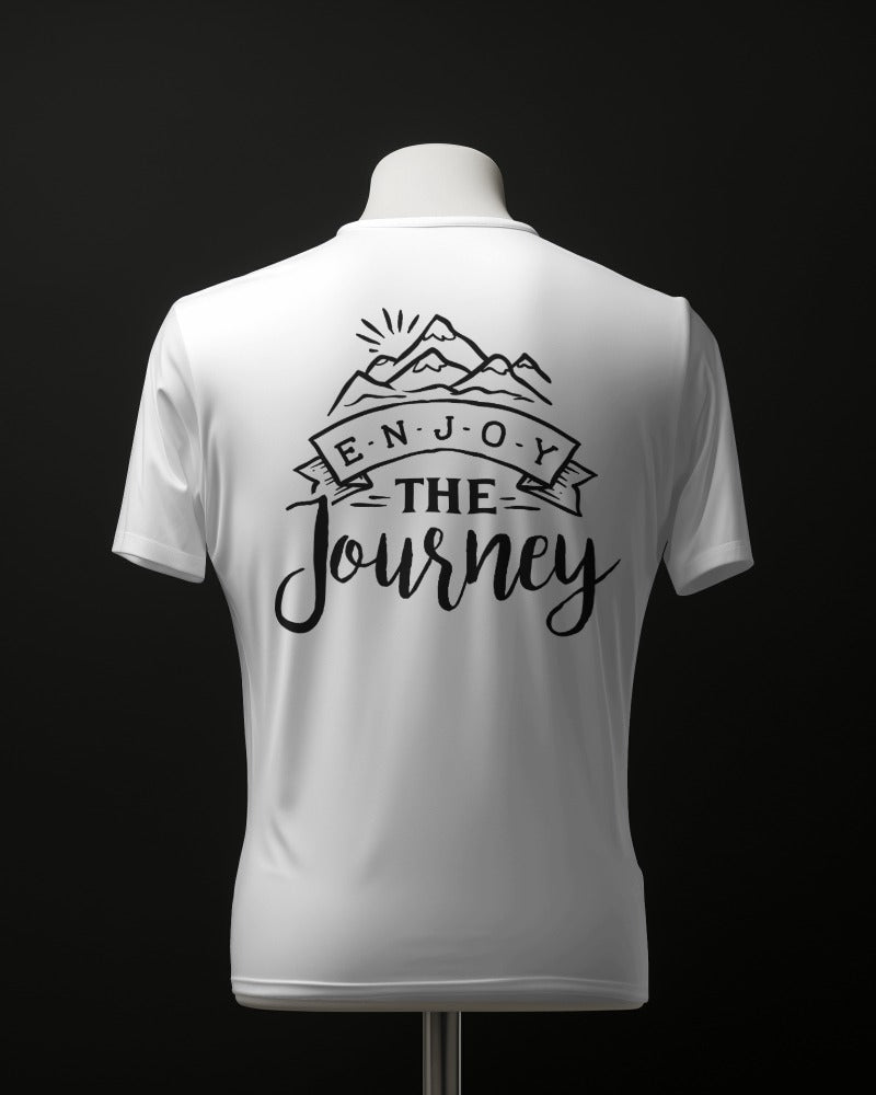 FYRA Men's 'Enjoy the Journey' T-Shirt - Back View, white. Inspiring and casual, perfect for reminding yourself and others to embrace the journey with a stylish white tee