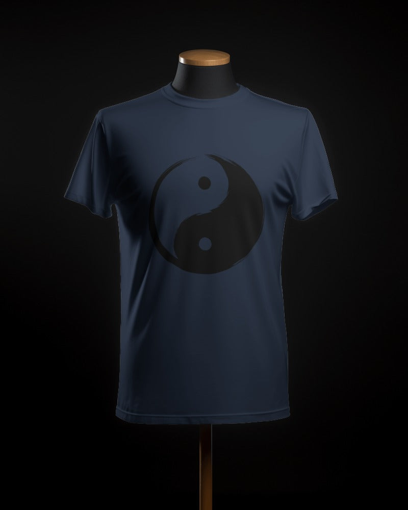 FYRA Men's navy 'Yin Yang' Front Tee. Bright and balanced, perfect for showcasing the harmony and duality of the classic yin-yang symbol.