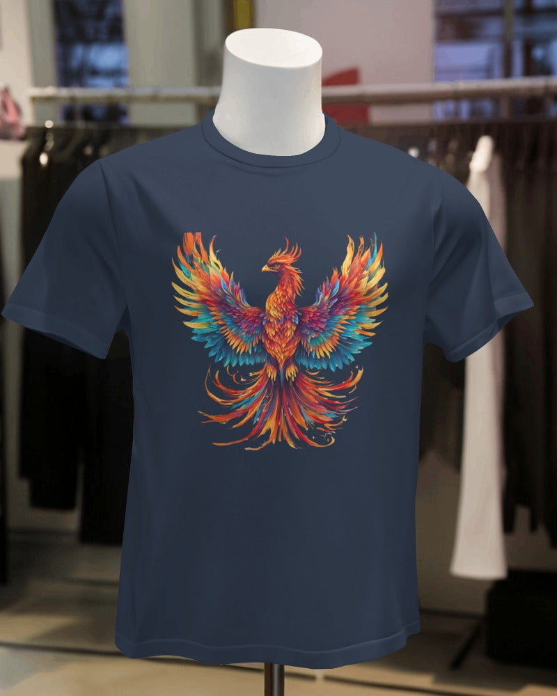 FYRA Women's 'Navy Phoenix' Front Tee. Deep and resilient, perfect for symbolizing rebirth and strength with style