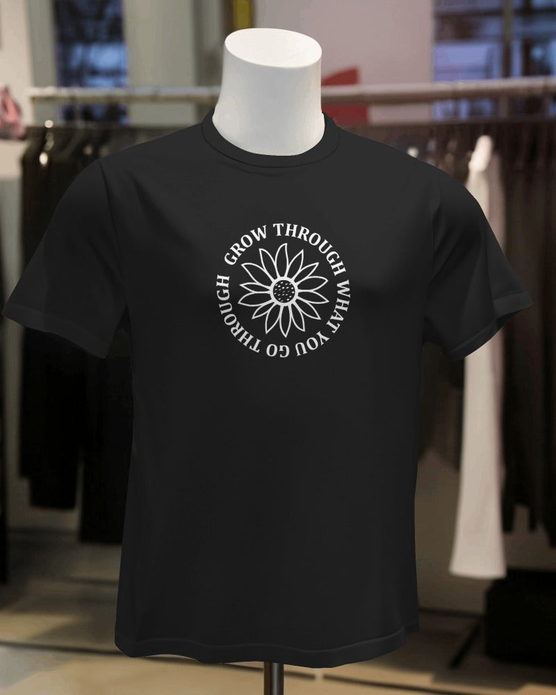 FYRA 'Grow Through What You Go Through' Front black Tee. Inspirational and resilient, perfect for embracing personal growth and overcoming challenges