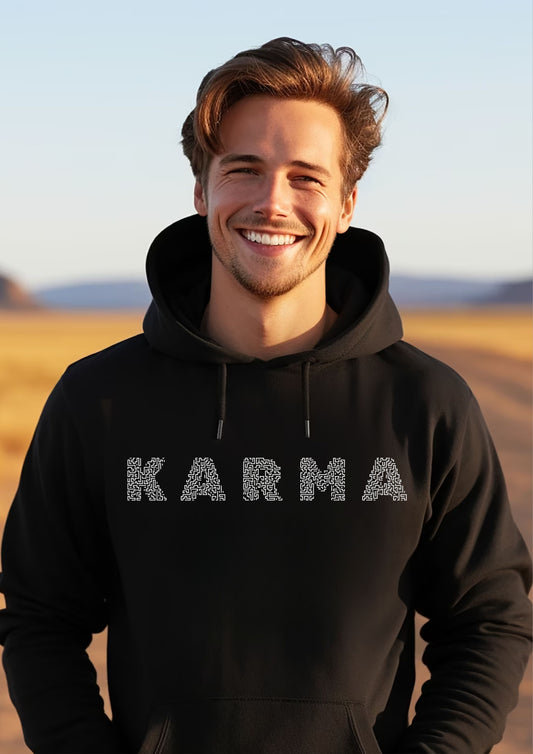 FYRA 'Karma' Grey hoodie. Stylish and thought-provoking, perfect for those who believe in the power of karma