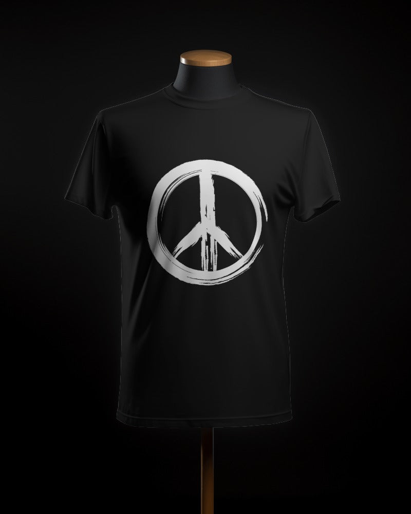 FYRA Men's 'Black PEACE' Brushed Front Tee. Sleek and inspiring, perfect for spreading a message of tranquility and harmony