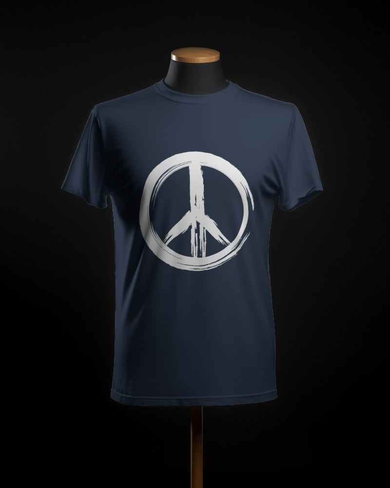 FYRA Men's 'Navy PEACE' Brushed Front Tee. Calm and inspiring, perfect for spreading a message of tranquility and harmony.