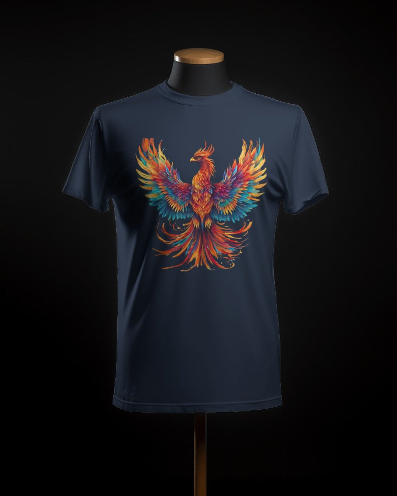 FYRA Men's 'Navy Phoenix' Front Tee. Deep and resilient, perfect for symbolizing rebirth and strength with style
