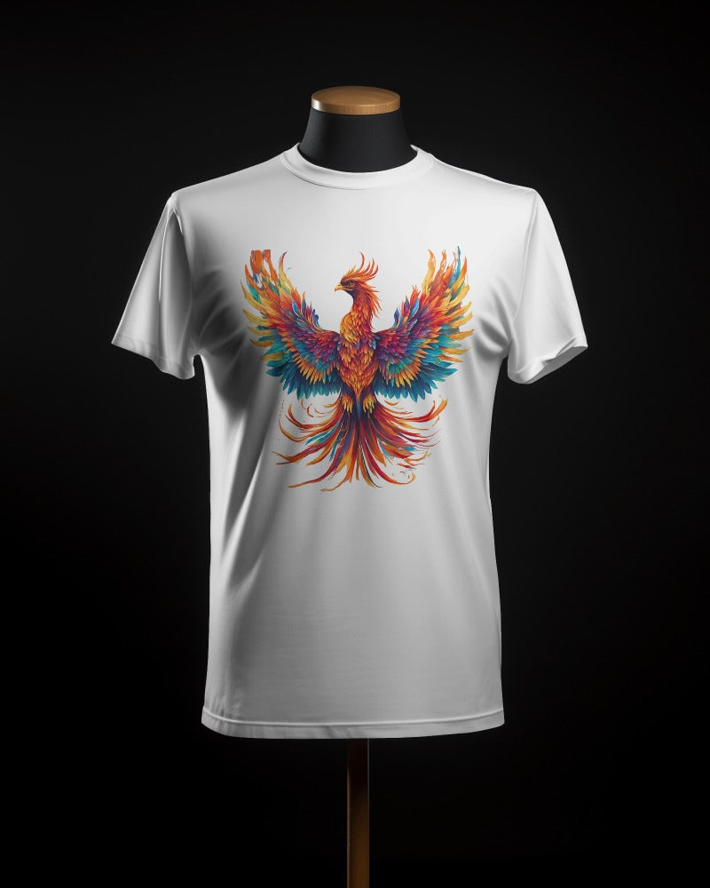 FYRA Men's 'White Phoenix' Front Tee. Bright and resilient, perfect for symbolizing rebirth and strength with style