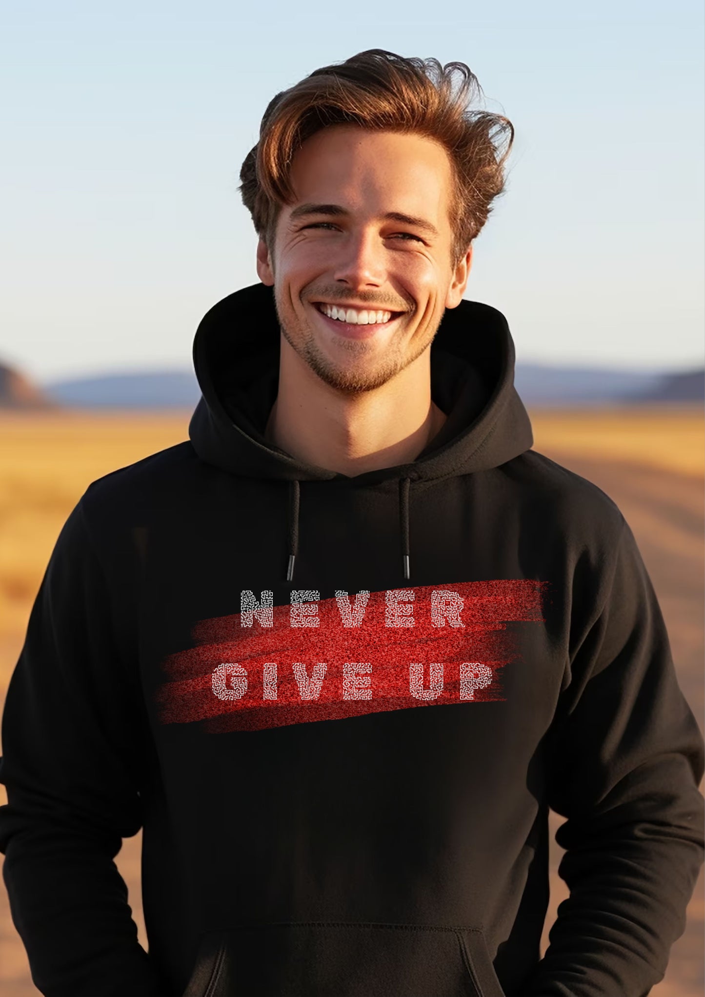 FYRA 'NEVER GIVE UP' Black Hoodie. Bold and motivational, perfect for a confident and determined look