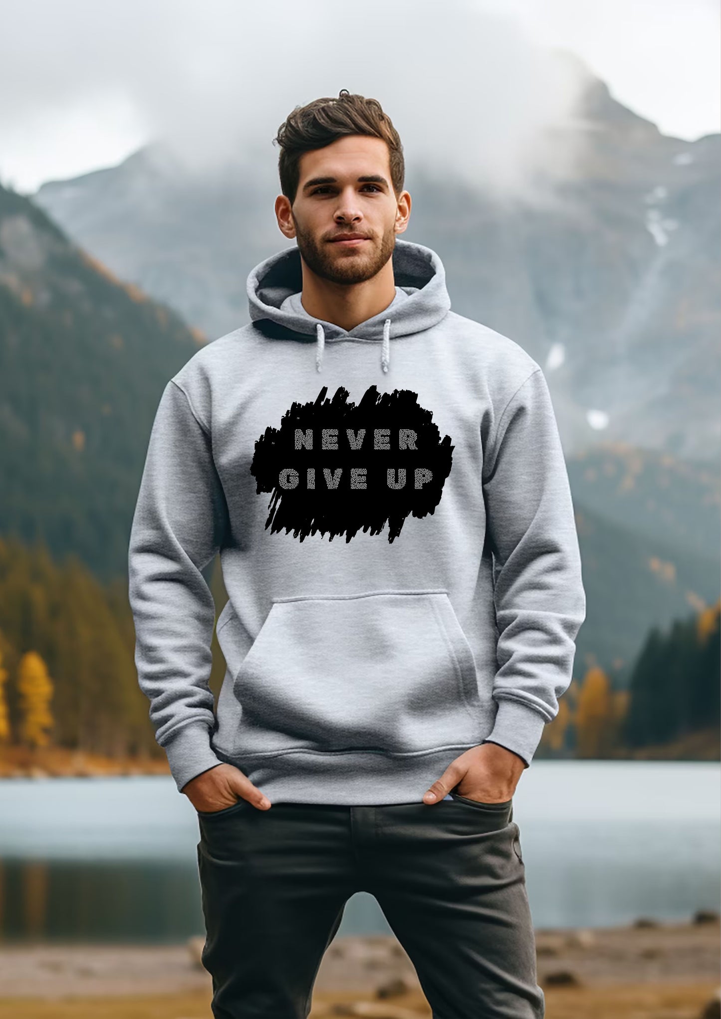 FYRA 'NEVER GIVE UP' Grey Hoodie. Strong and inspiring, perfect for a confident and resilient look