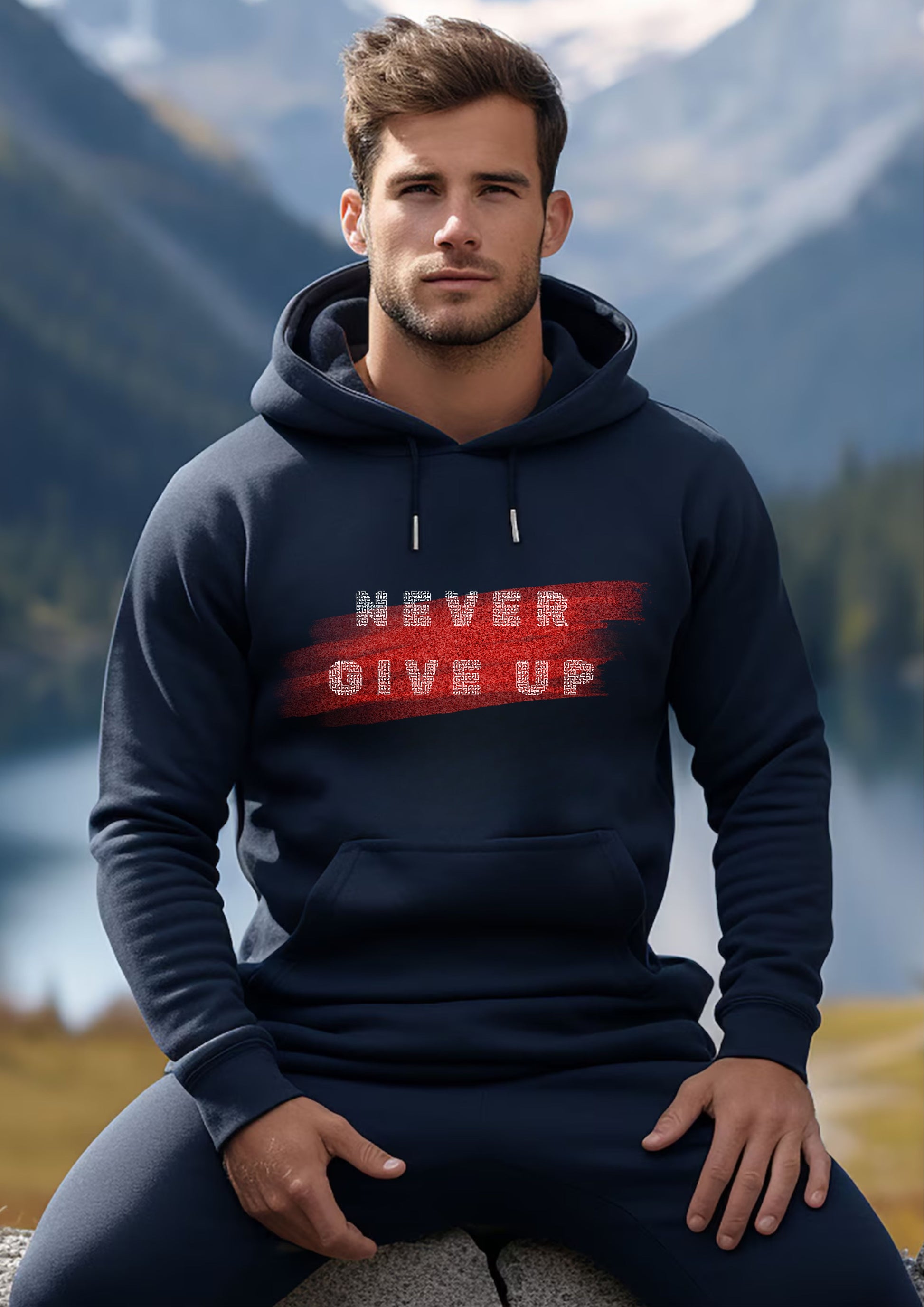 FYRA 'NEVER GIVE UP' Navy Hoodie. Inspiring and bold, perfect for a confident and determined look