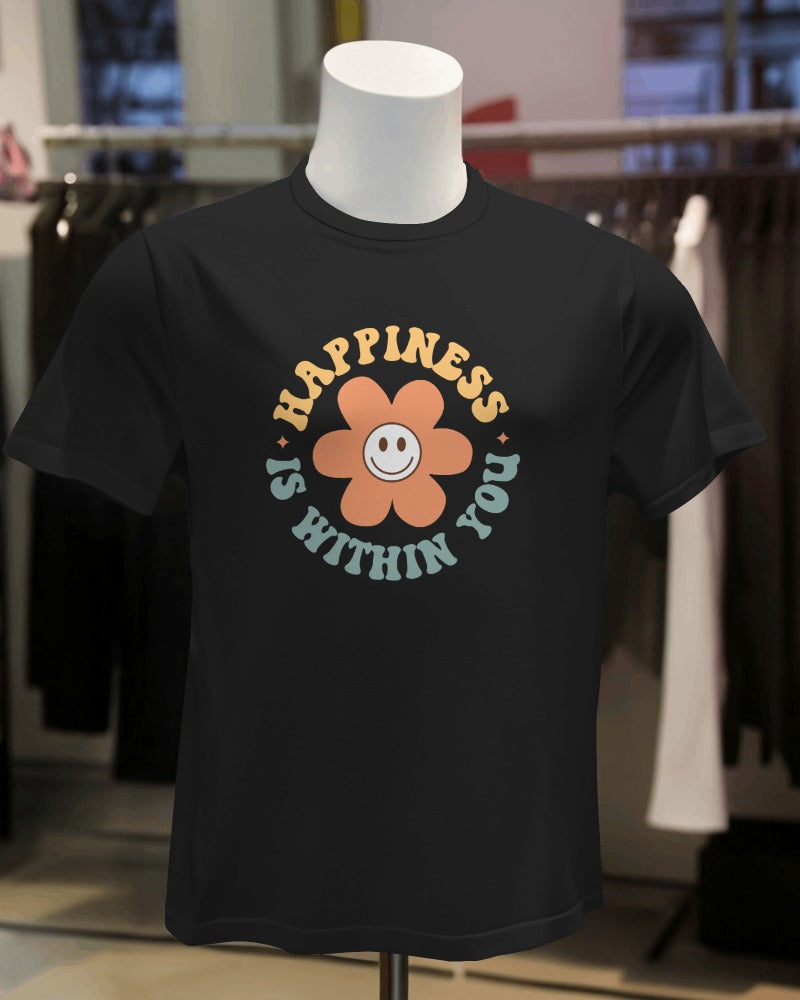 Happiness is Within You' Front black Tee. Inspirational and uplifting, perfect for embracing inner joy and positivity.