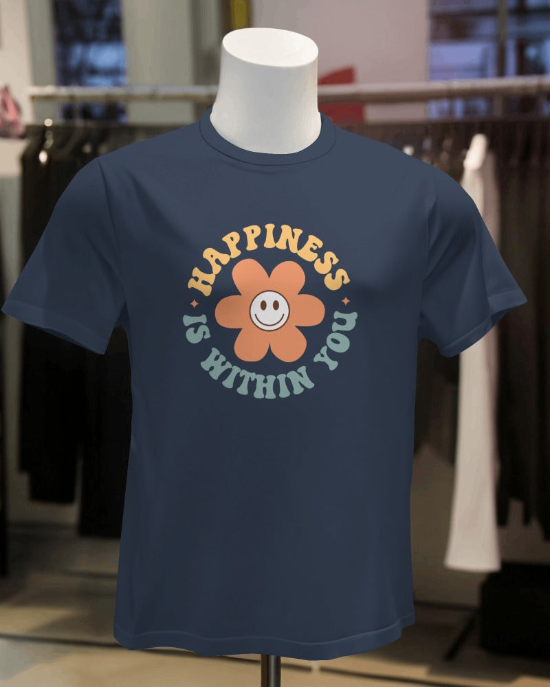 Happiness is Within You' Front navy Tee. Inspirational and uplifting, perfect for embracing inner joy and positivity.