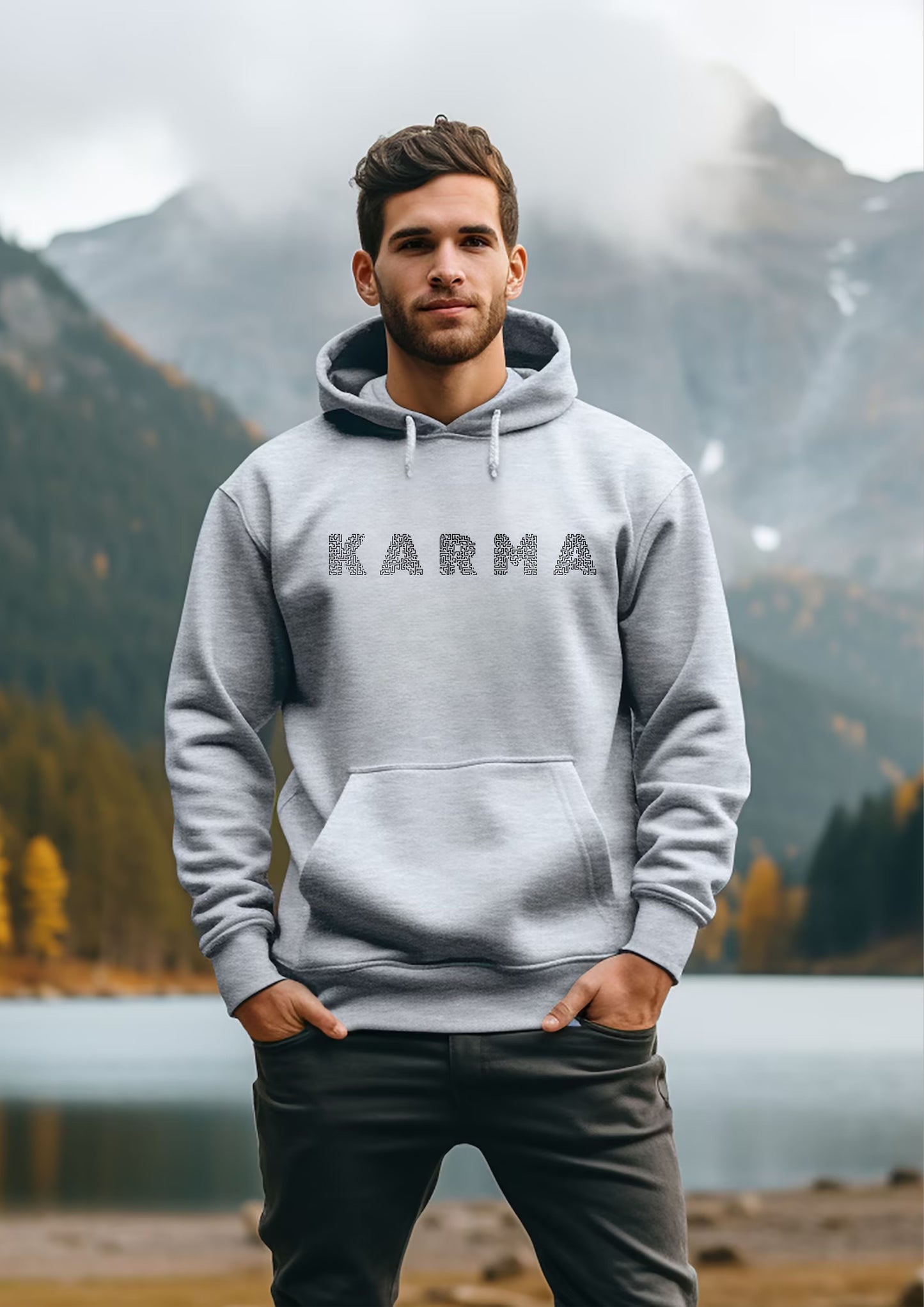 FYRA 'Karma' Grey hoodie. Stylish and thought-provoking, perfect for those who believe in the power of karma