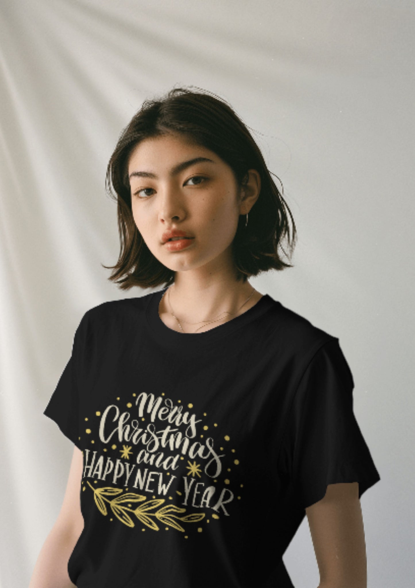 Classic Crew Black T-Shirt with 'Merry Christmas' and 'Happy New Year'