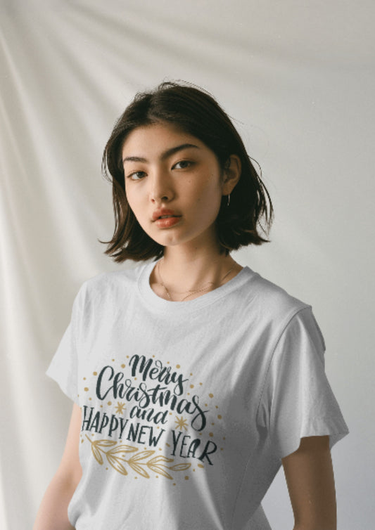 Classic Crew White T-Shirt with 'Merry Christmas' and 'Happy New Year'