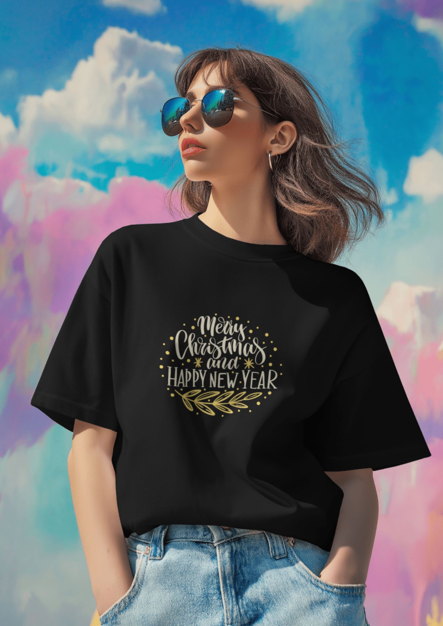 Oversized Crew Black T-Shirt with 'Merry Christmas' and 'Happy New Year'
