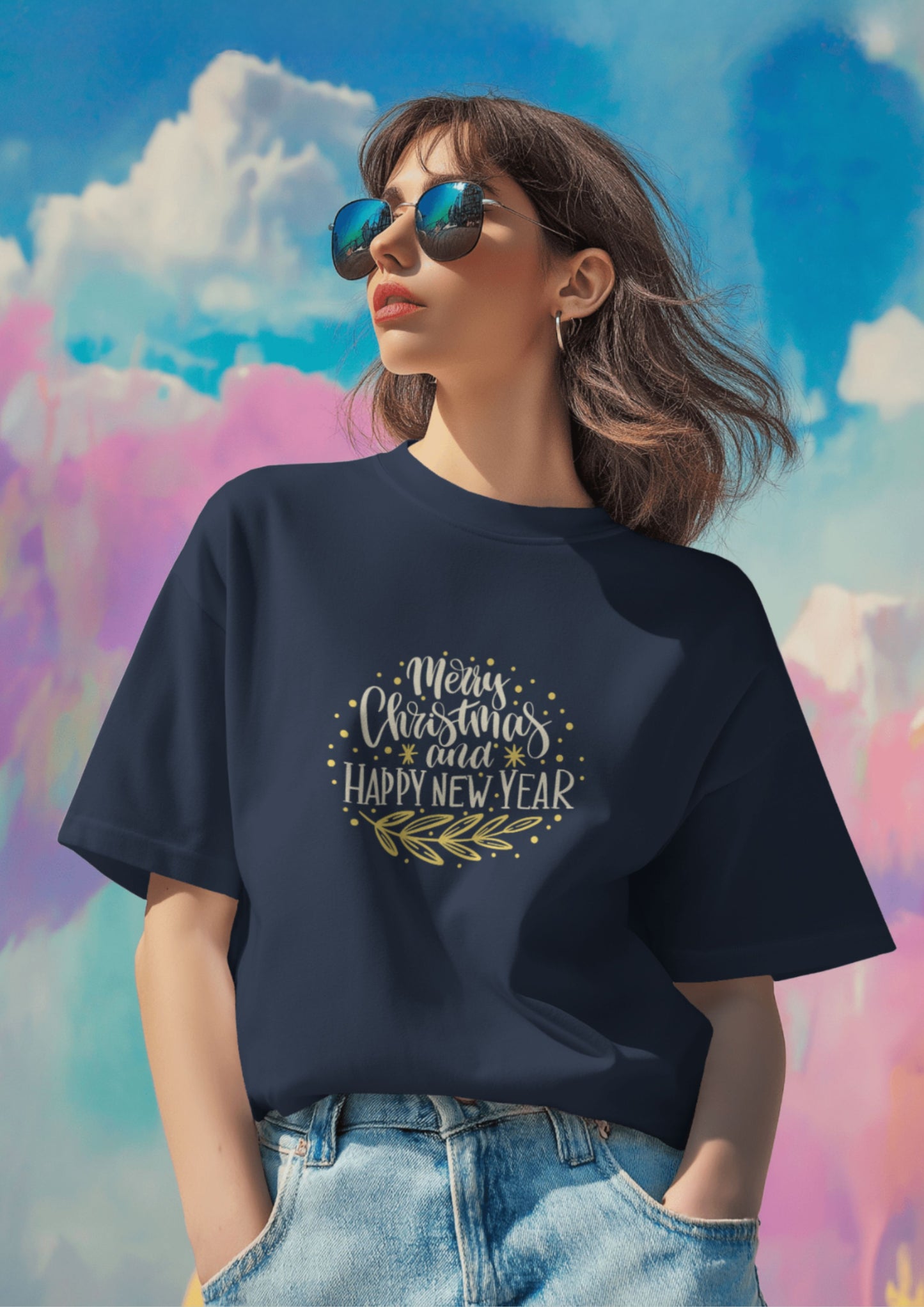Oversized Crew Navy T-Shirt with 'Merry Christmas' and 'Happy New Year'
