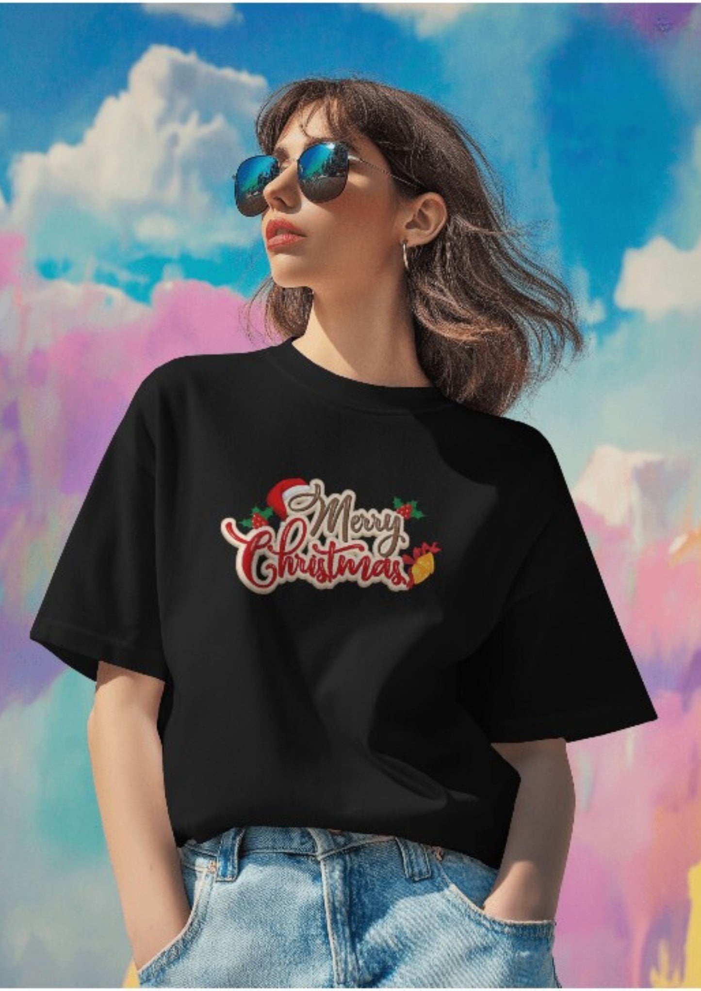 Merry Christmas with Jingle Bells across check on a Black Oversized  Crew Tshirt
