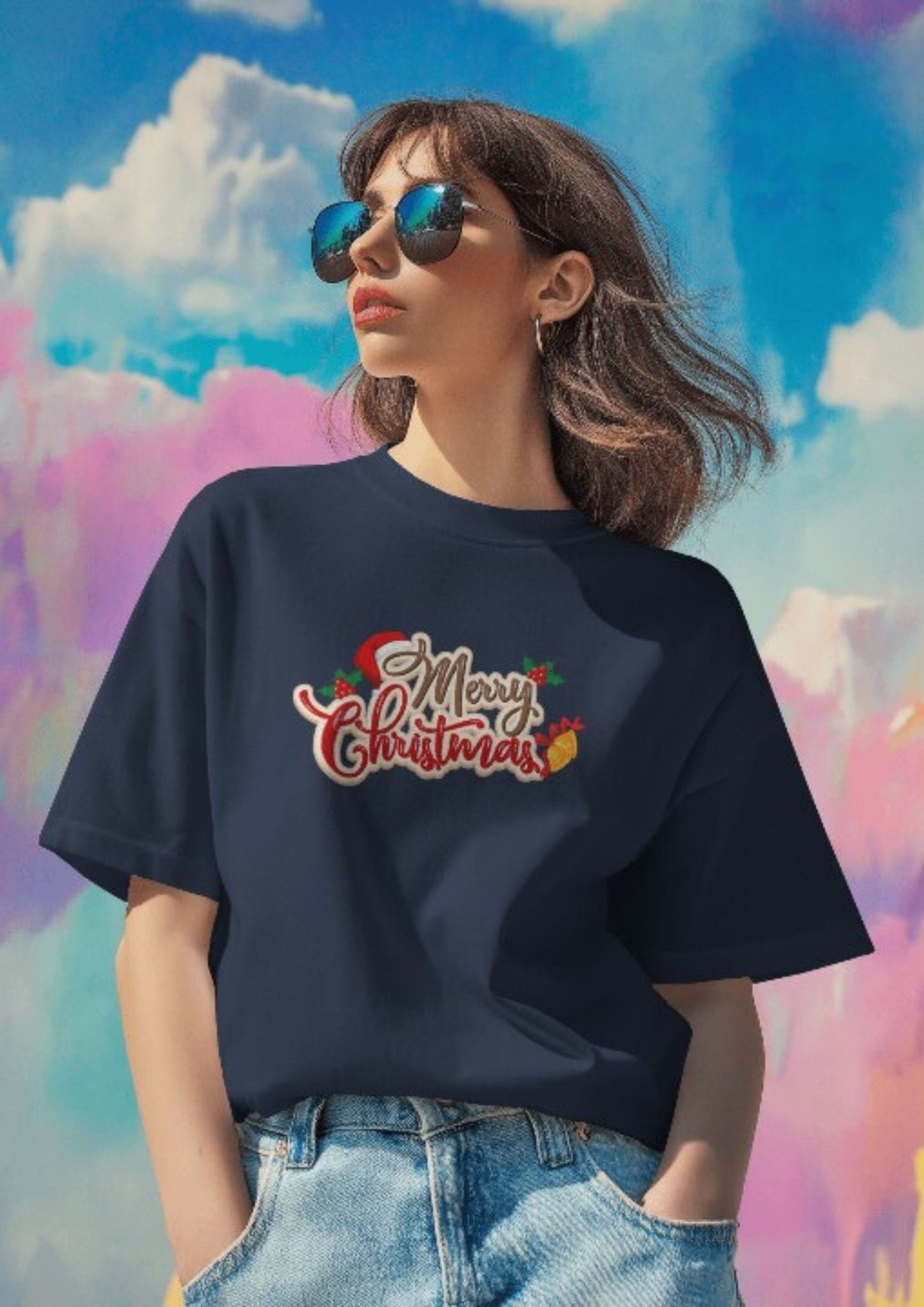 Merry Christmas with Jingle Bells across check on a Navy Oversized  Crew Tshirt