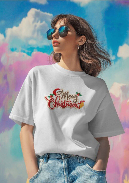 Merry Christmas with Jingle Bells across check on a White Oversized  Crew Tshirt